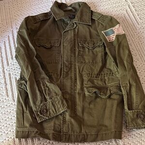 Ralph Lauren Olive Green Kids Military-Inspired Jacket with Flag Patch